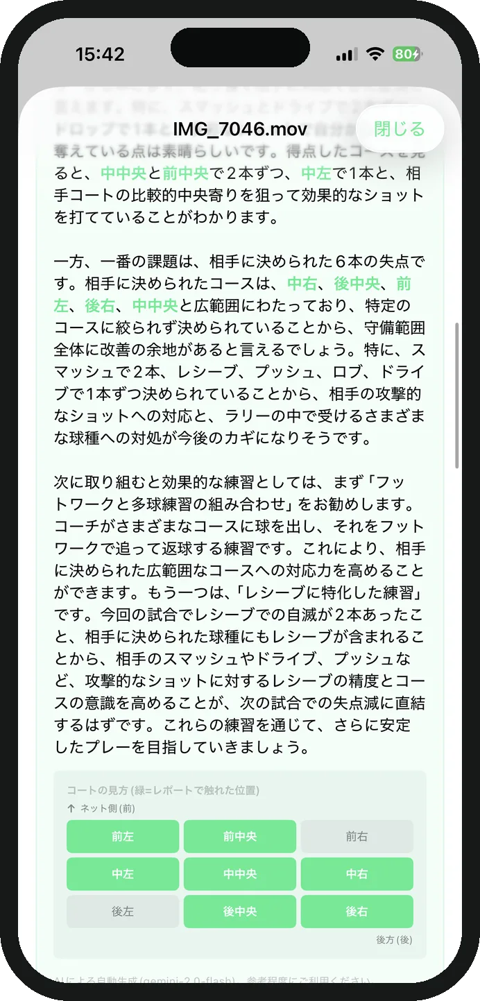 AIコーチ・レポート画面。試合データから強み・弱点・次の練習をAIが文章で解説